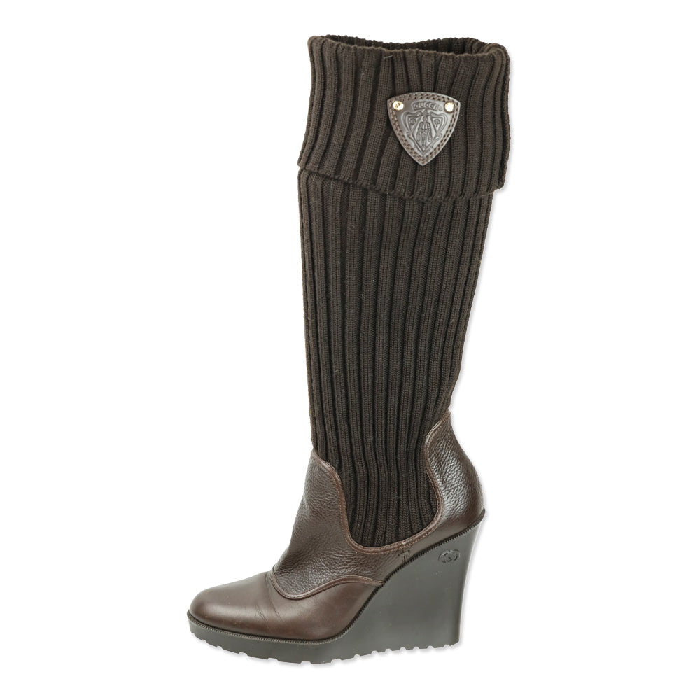 Gucci Hysteria Brown Ribbed Knit Sock Leather GG Logo Wedge Boots