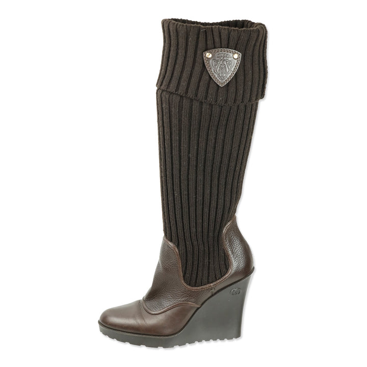 Gucci Hysteria Brown Ribbed Knit Sock Leather GG Logo Wedge Boots