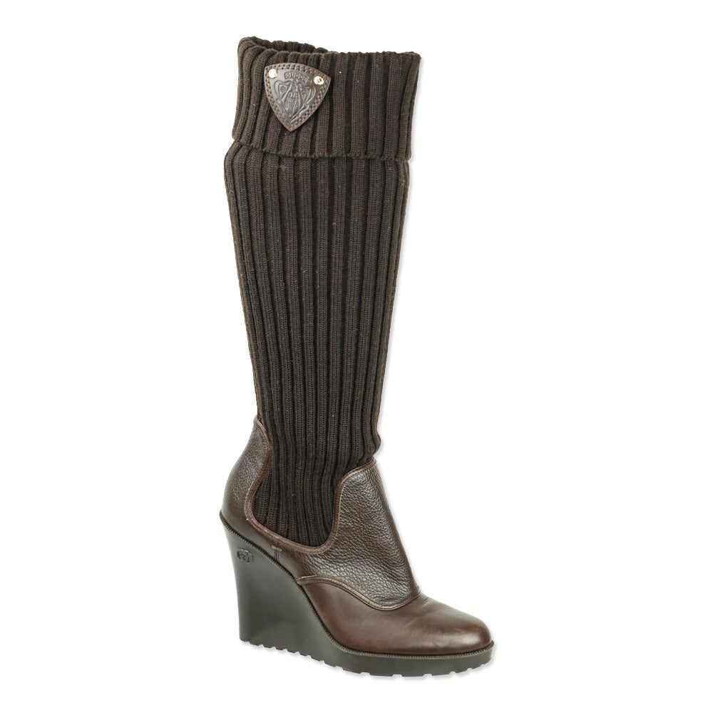 Gucci Hysteria Brown Ribbed Knit Sock Leather GG Logo Wedge Boots