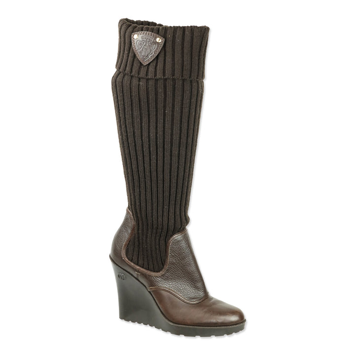 Gucci Hysteria Brown Ribbed Knit Sock Leather GG Logo Wedge Boots