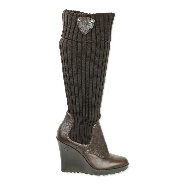 Gucci Hysteria Brown Ribbed Knit Sock Leather GG Logo Wedge Boots