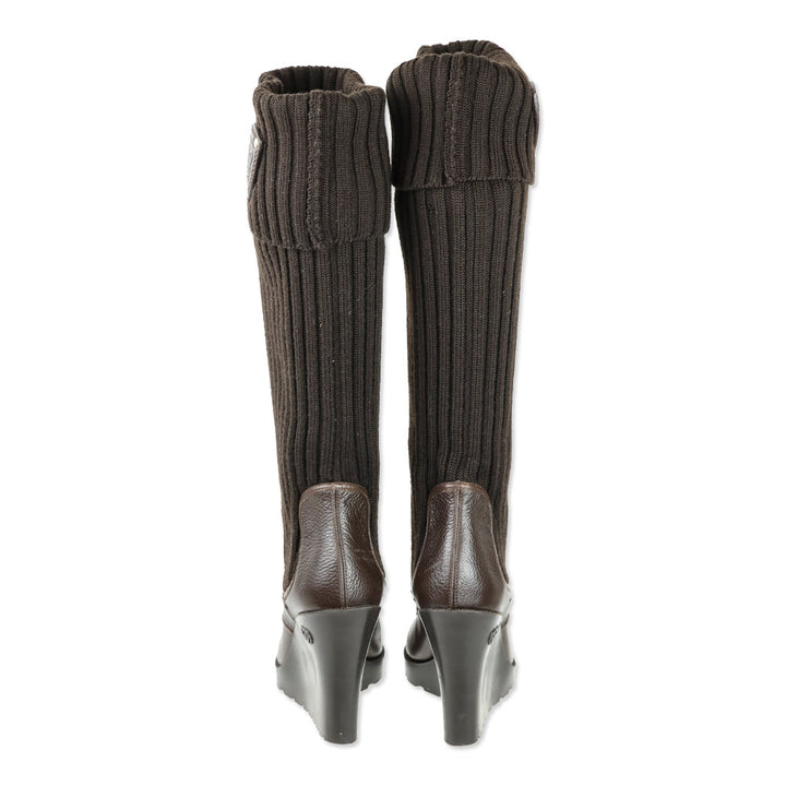 Gucci Hysteria Brown Ribbed Knit Sock Leather GG Logo Wedge Boots