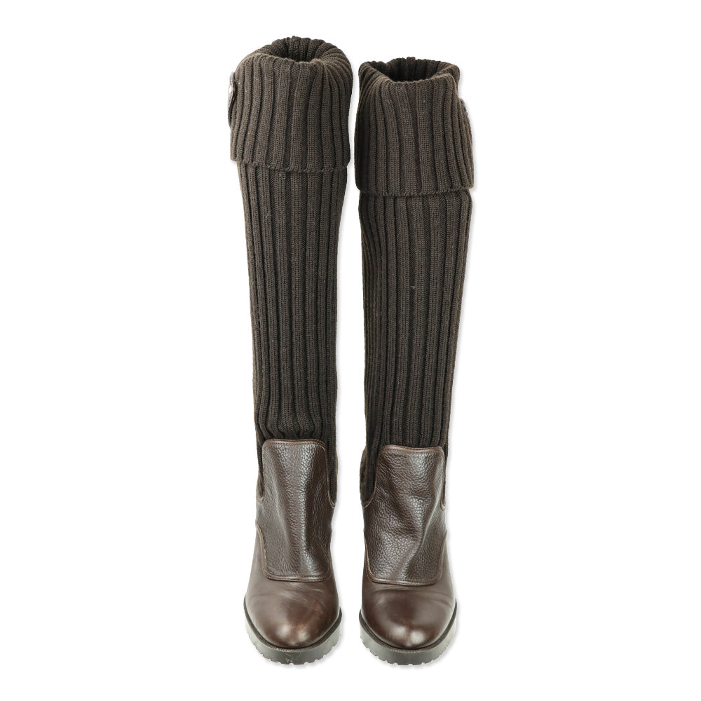 Gucci Hysteria Brown Ribbed Knit Sock Leather GG Logo Wedge Boots