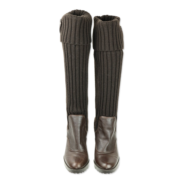 Gucci Hysteria Brown Ribbed Knit Sock Leather GG Logo Wedge Boots