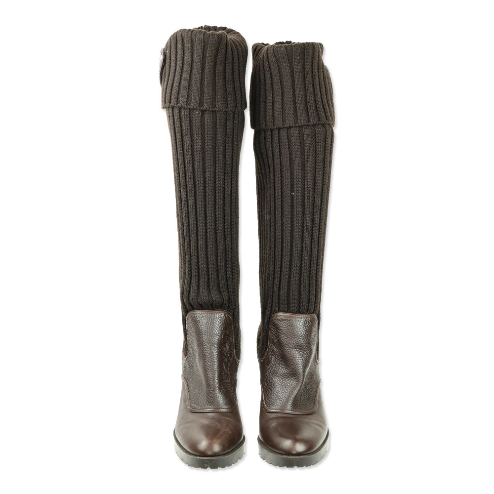 Gucci Hysteria Brown Ribbed Knit Sock Leather GG Logo Wedge Boots
