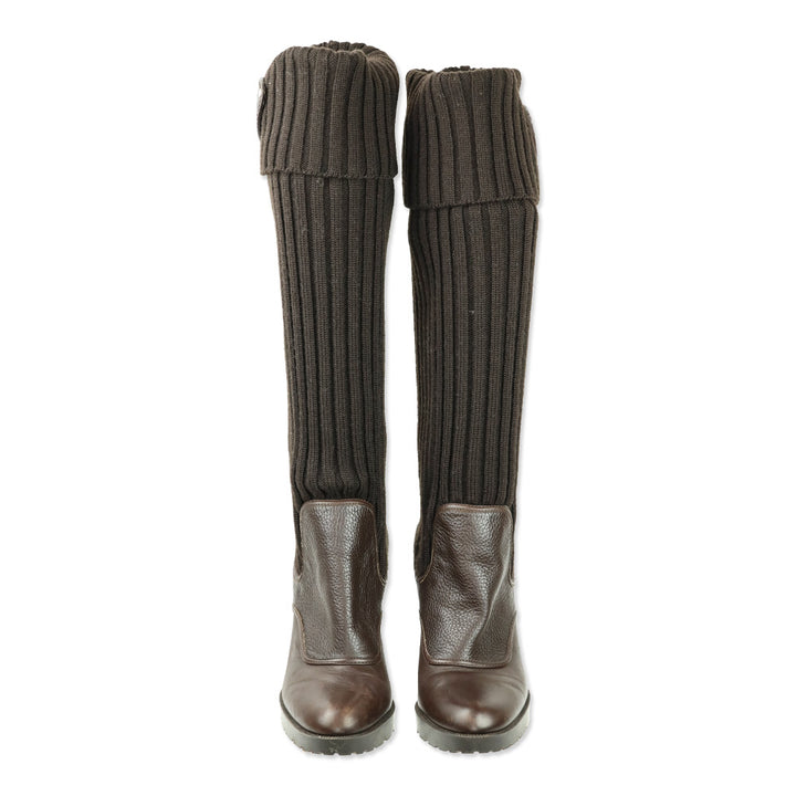 Gucci Hysteria Brown Ribbed Knit Sock Leather GG Logo Wedge Boots