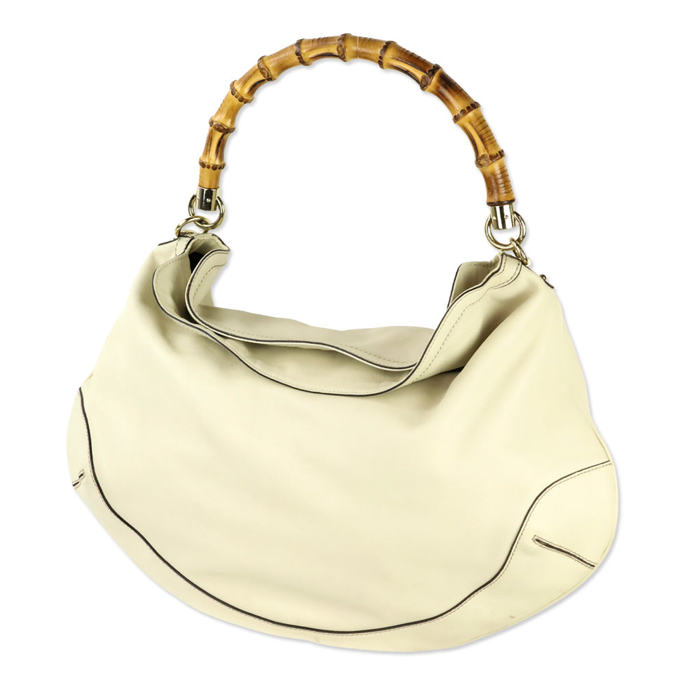 Gucci Ivory Calfskin Leather Peggy Bamboo Handle Hobo Shoulder Bag