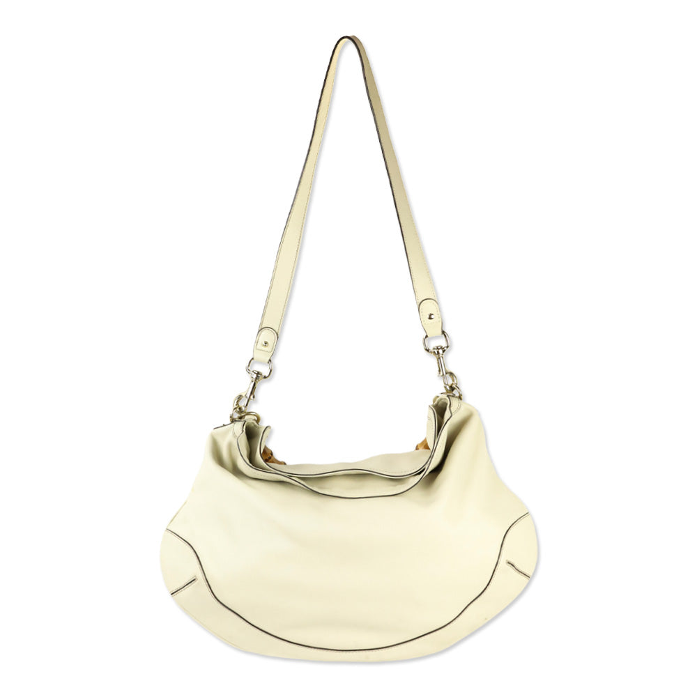 Gucci Ivory Calfskin Leather Peggy Bamboo Handle Hobo Shoulder Bag