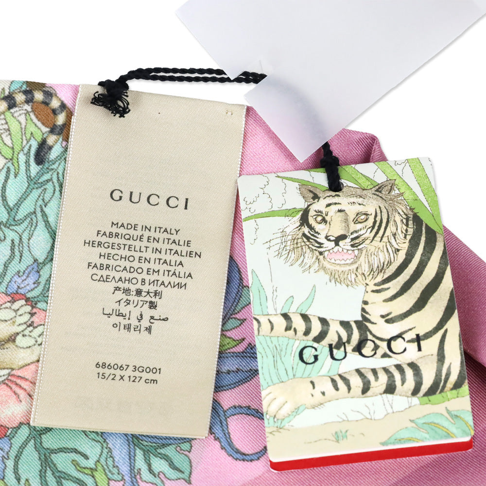 Gucci Ivory/Pink Tiger Silk Twill Savanny Neck Bow Scarf