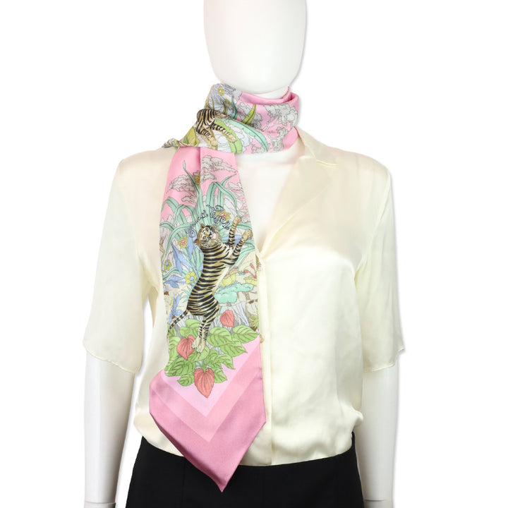 Gucci Ivory/Pink Tiger Silk Twill Savanny Neck Bow Scarf