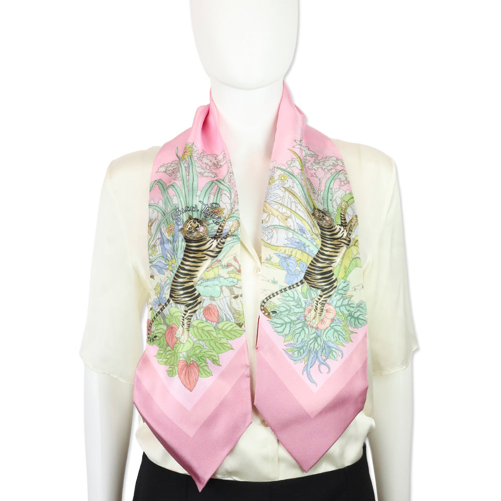 Gucci Ivory/Pink Tiger Silk Twill Savanny Neck Bow Scarf