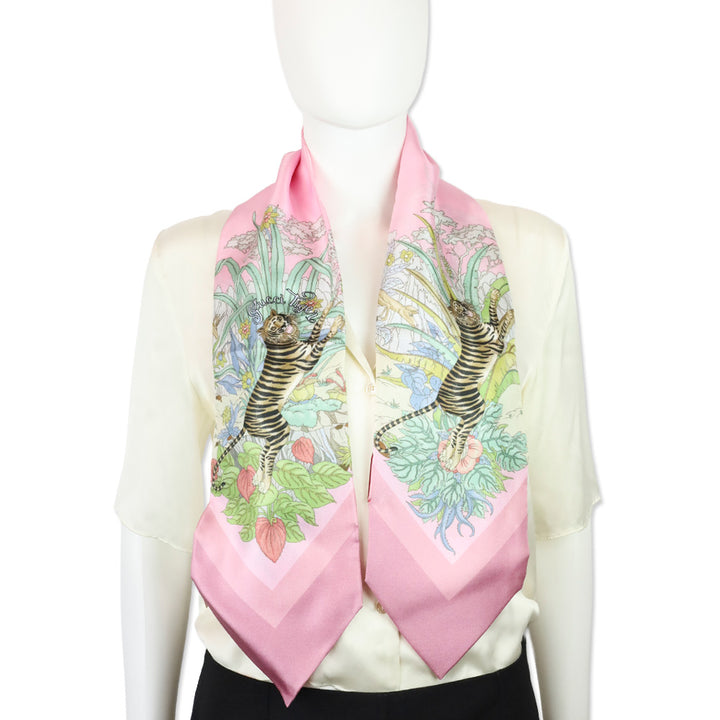 Gucci Ivory/Pink Tiger Silk Twill Savanny Neck Bow Scarf