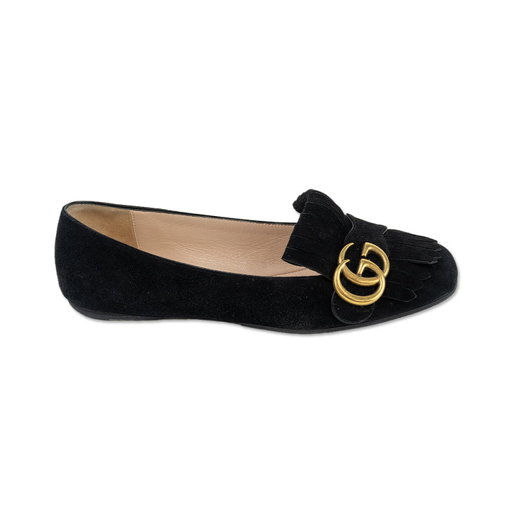 Gucci Kid Scamosciato GG Marmont Black Suede Fringe Loafer