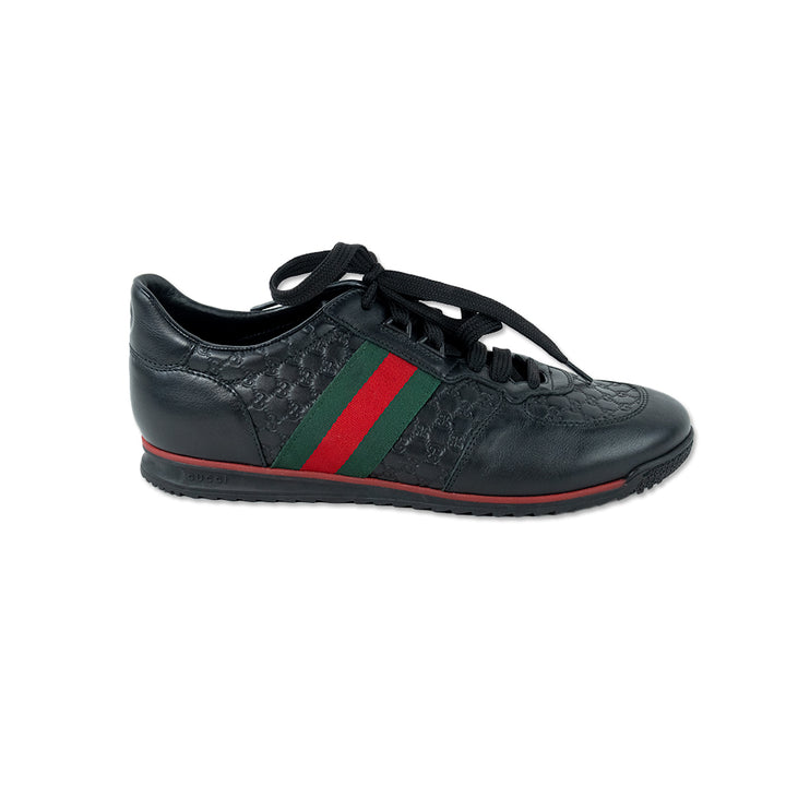 Gucci Black Leather Monogram Low Top Sneaker