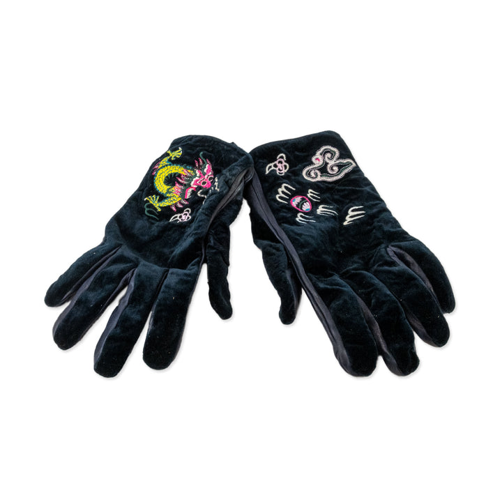 Gucci Leather and Velvet Navy Gloves with Dragon Embroidery