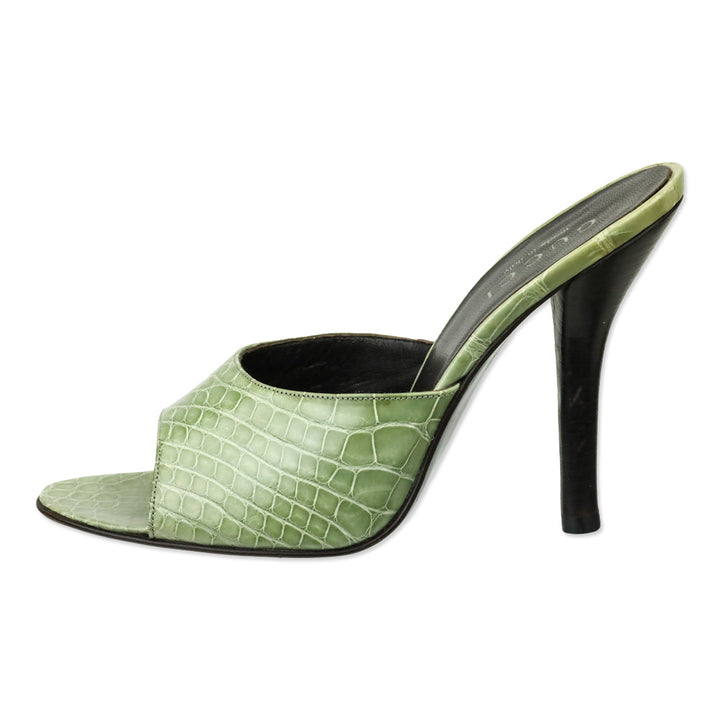 Gucci Light Green Alligator Leather Heels Mules