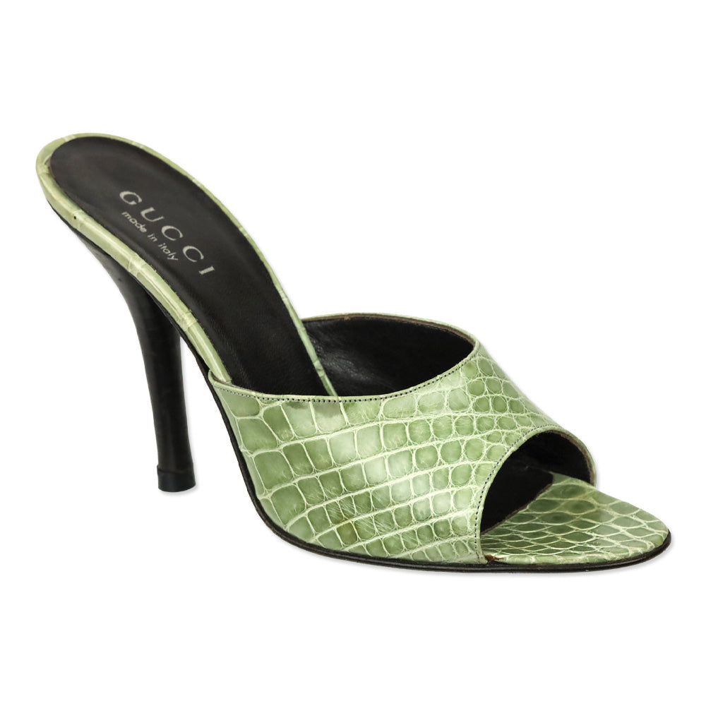 Gucci Light Green Alligator Leather Heels Mules