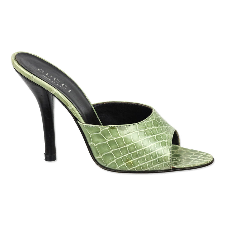 Gucci Light Green Alligator Leather Heels Mules