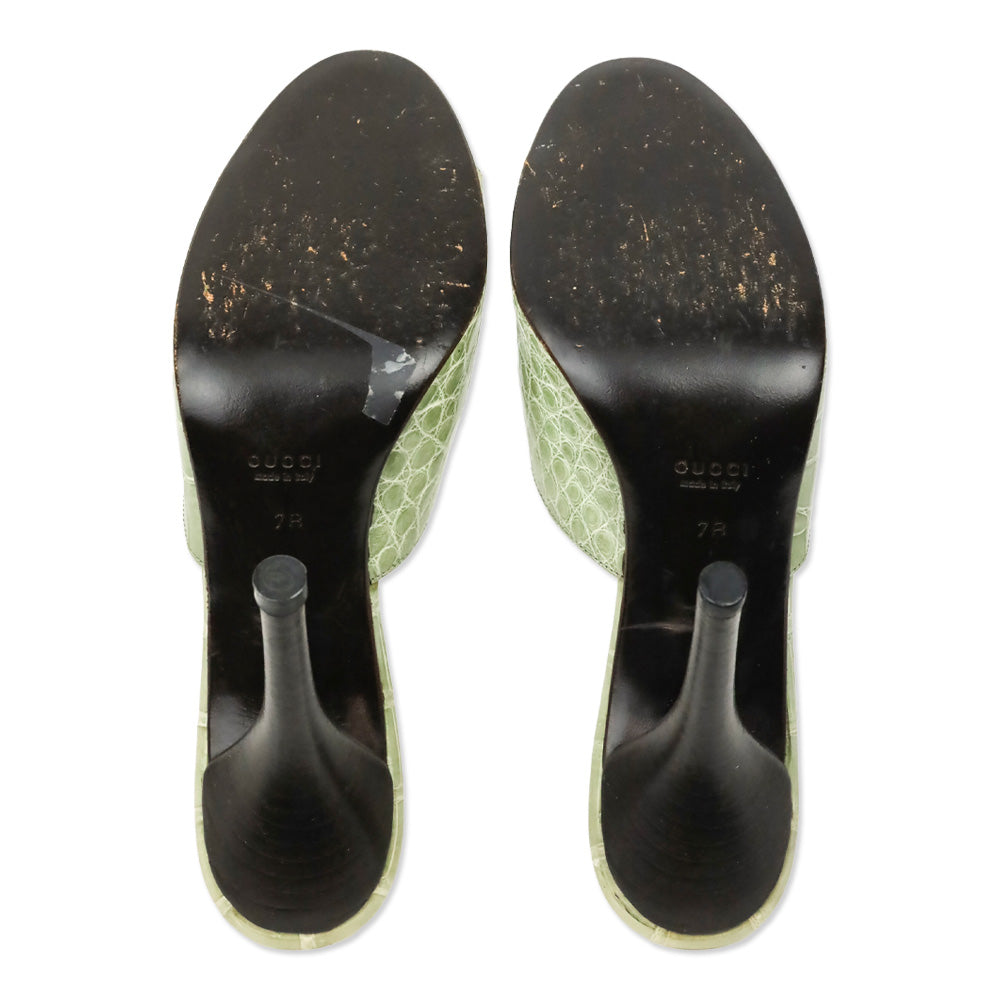 Gucci Light Green Alligator Leather Heels Mules