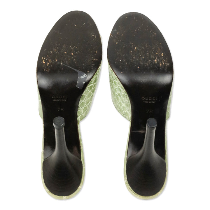 Gucci Light Green Alligator Leather Heels Mules