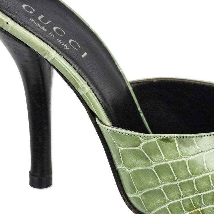 Gucci Light Green Alligator Leather Heels Mules