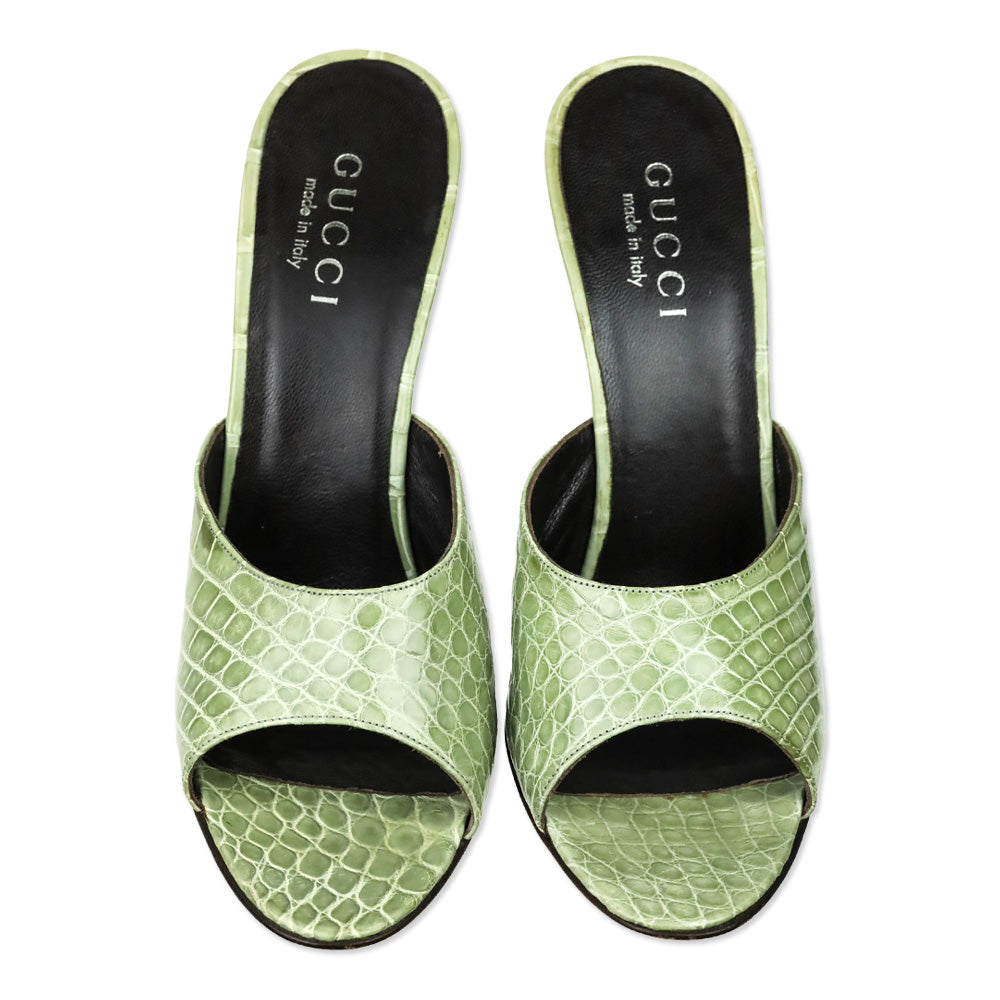 Gucci Light Green Alligator Leather Heels Mules