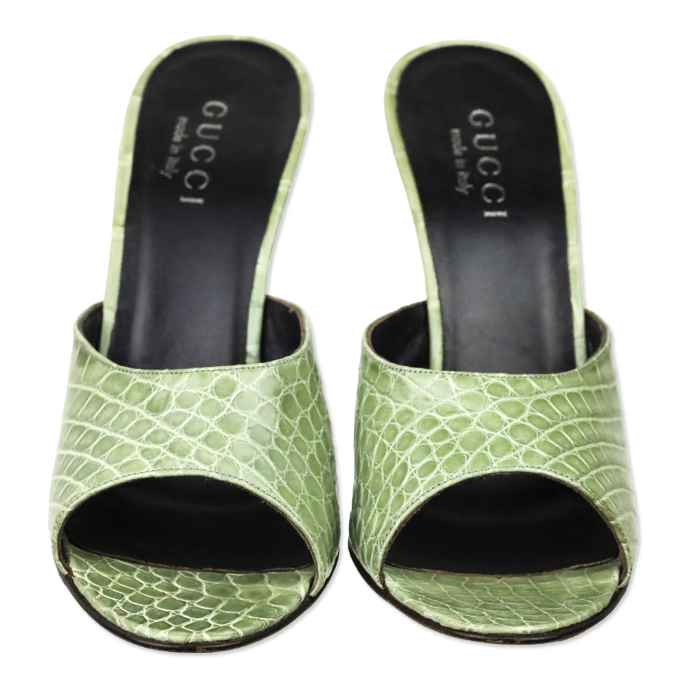 Gucci Light Green Alligator Leather Heels Mules