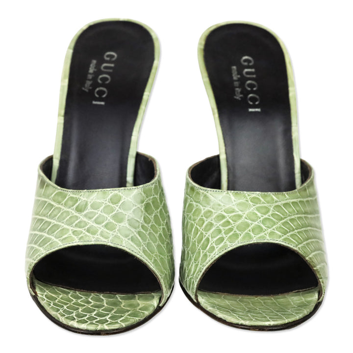 Gucci Light Green Alligator Leather Heels Mules