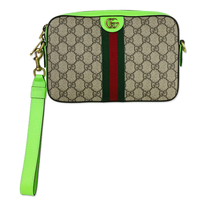 Gucci Lime Green GG Supreme Ophidia Crossbody Wristlet