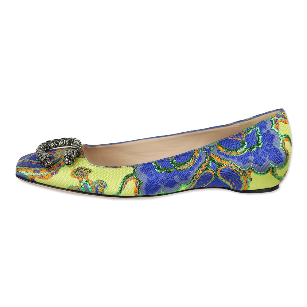 Gucci Lime Multicolor Floral Brocade Print Crystal Encrusted Dionysus Flat