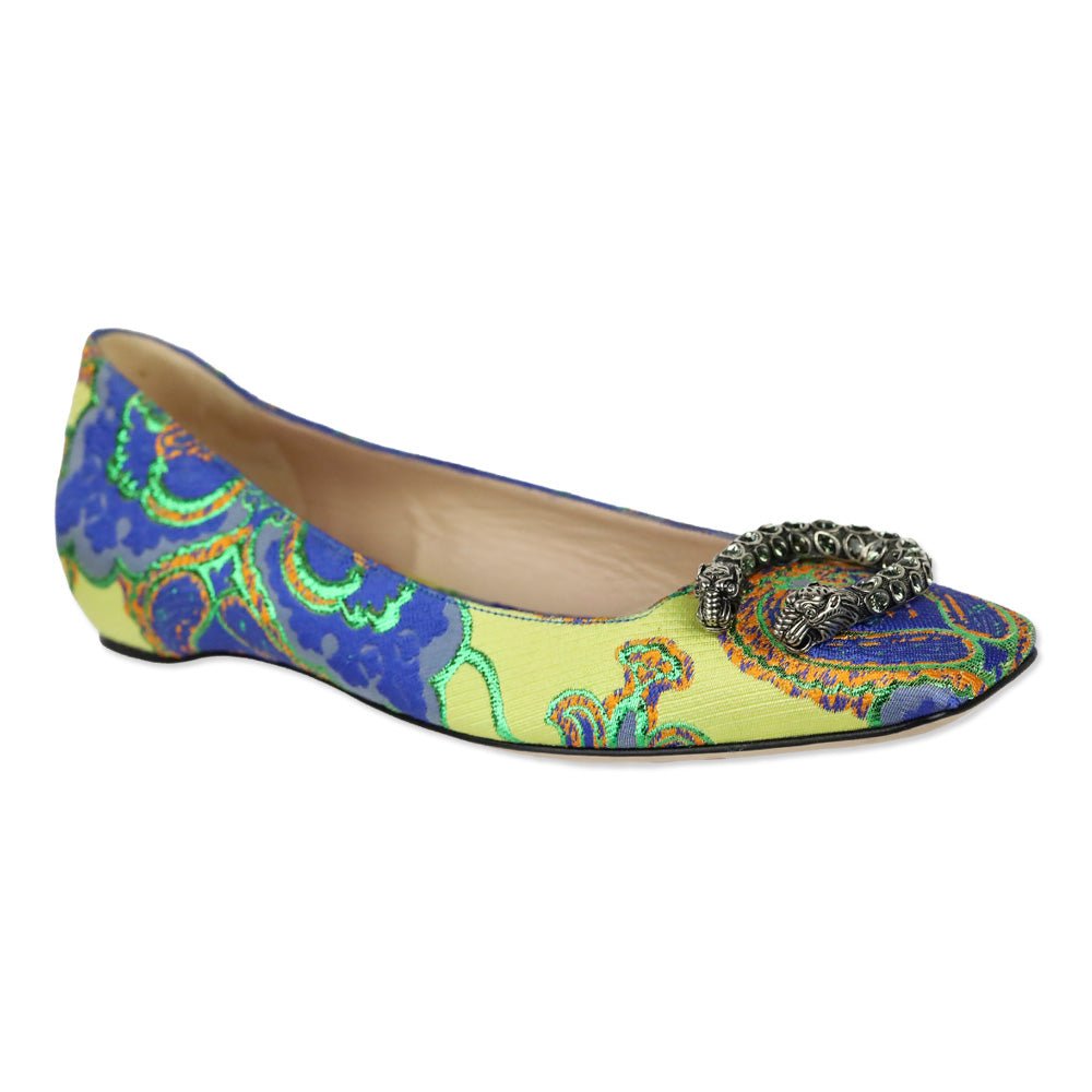 Gucci Lime Multicolor Floral Brocade Print Crystal Encrusted Dionysus Flat