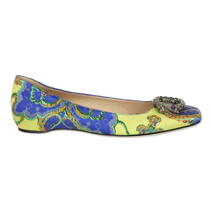 Gucci Lime Multicolor Floral Brocade Print Crystal Encrusted Dionysus Flat