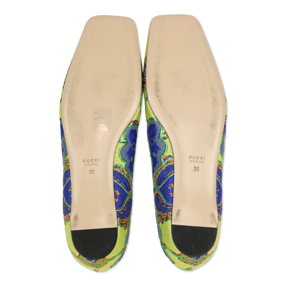 Gucci Lime Multicolor Floral Brocade Print Crystal Encrusted Dionysus Flat