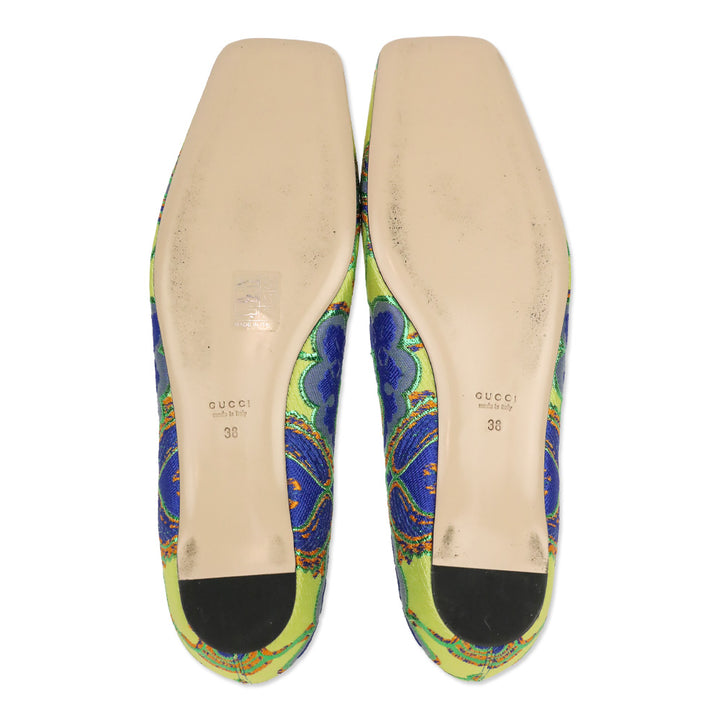 Gucci Lime Multicolor Floral Brocade Print Crystal Encrusted Dionysus Flat