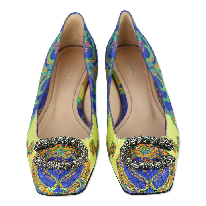 Gucci Lime Multicolor Floral Brocade Print Crystal Encrusted Dionysus Flat