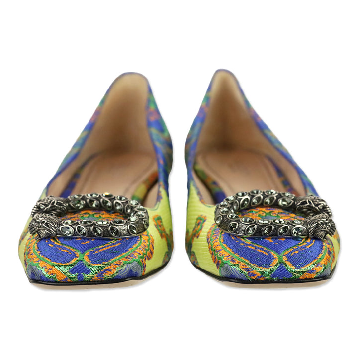 Gucci Lime Multicolor Floral Brocade Print Crystal Encrusted Dionysus Flat