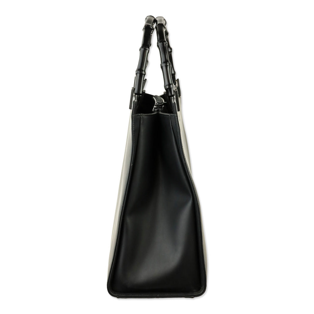 Gucci Matte Black Leather Bamboo Tote Bag