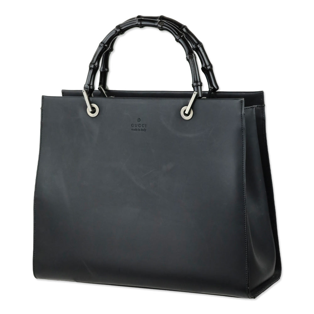Gucci Matte Black Leather Bamboo Tote Bag