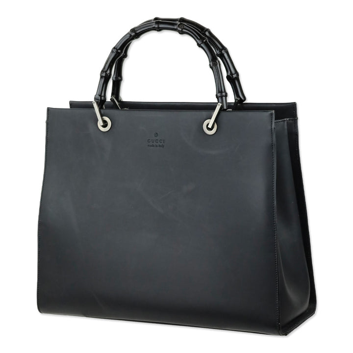 Gucci Matte Black Leather Bamboo Tote Bag