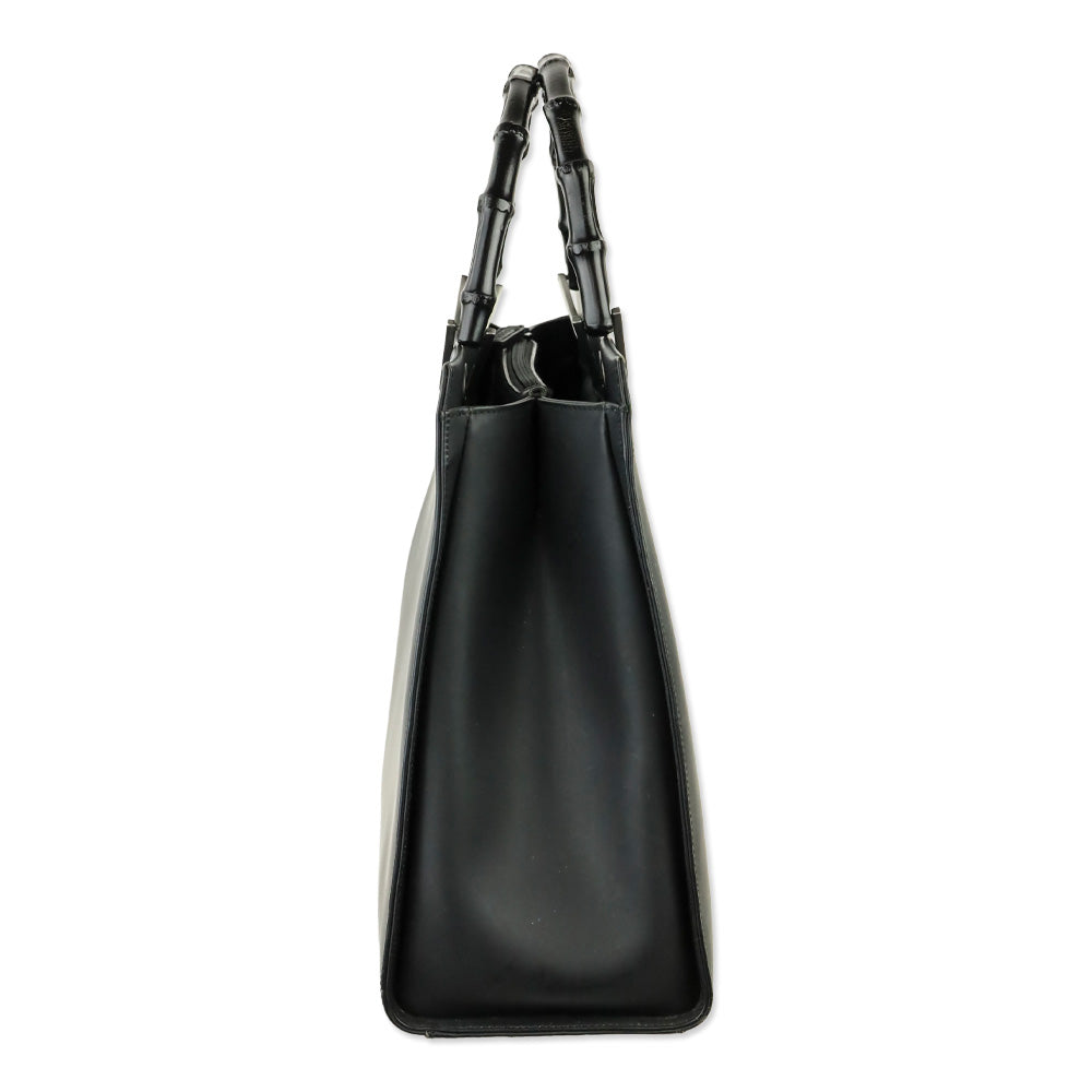 Gucci Matte Black Leather Bamboo Tote Bag