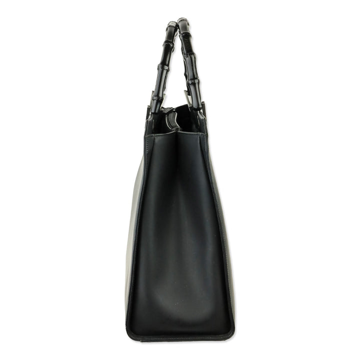 Gucci Matte Black Leather Bamboo Tote Bag