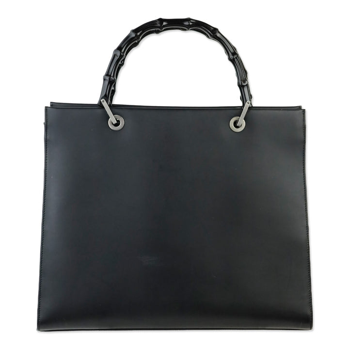 Gucci Matte Black Leather Bamboo Tote Bag