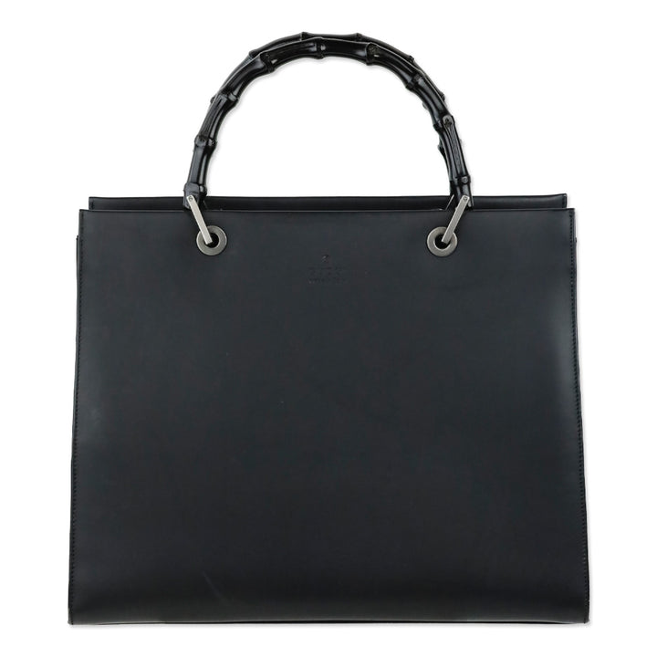 Gucci Matte Black Leather Bamboo Tote Bag