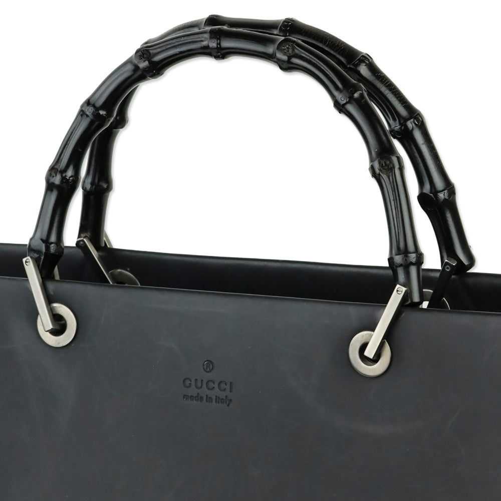 Gucci Matte Black Leather Bamboo Tote Bag
