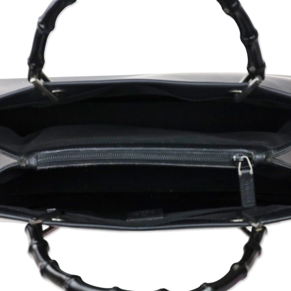 Gucci Matte Black Leather Bamboo Tote Bag