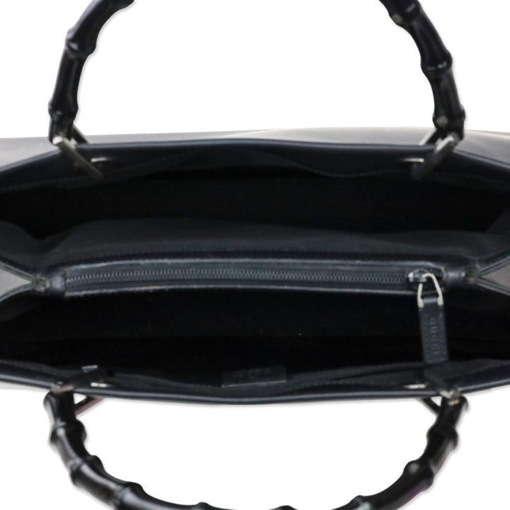 Gucci Matte Black Leather Bamboo Tote Bag