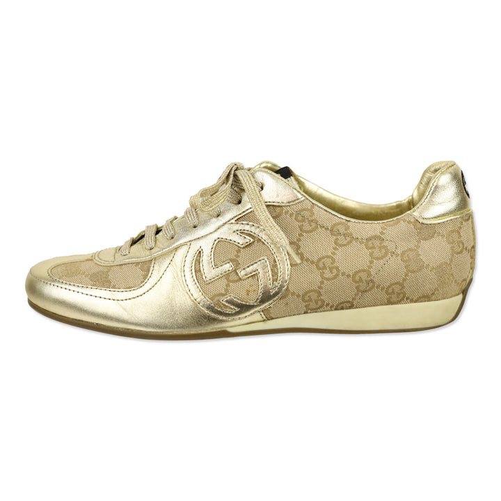 Gucci Metallic Gold Leather and GG Canvas Low Top Sneakers