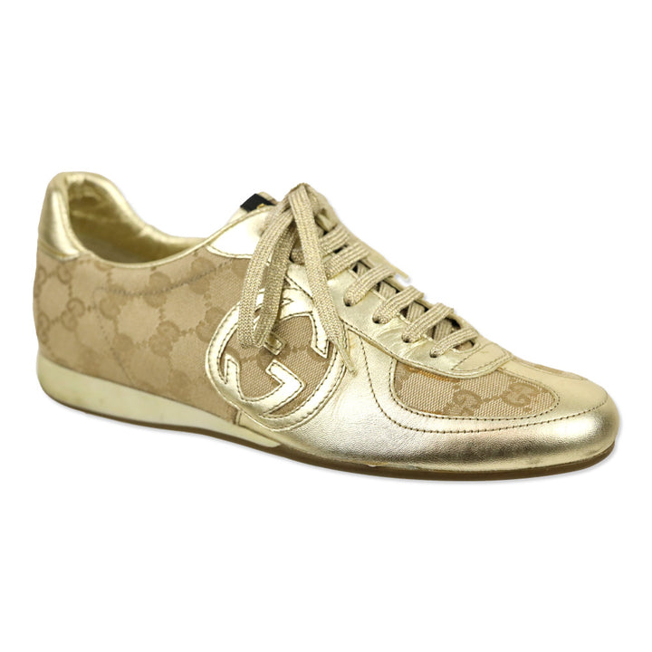 Gucci Metallic Gold Leather and GG Canvas Low Top Sneakers
