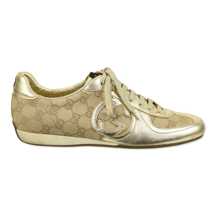 Gucci Metallic Gold Leather and GG Canvas Low Top Sneakers