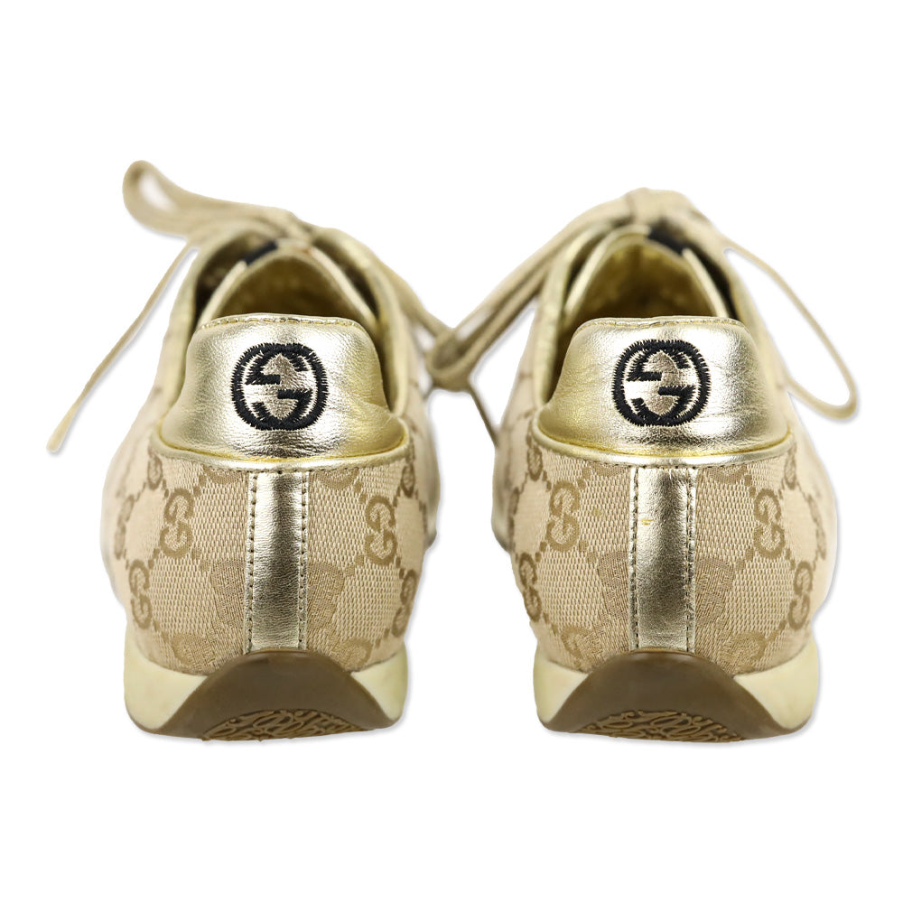 Gucci Metallic Gold Leather and GG Canvas Low Top Sneakers